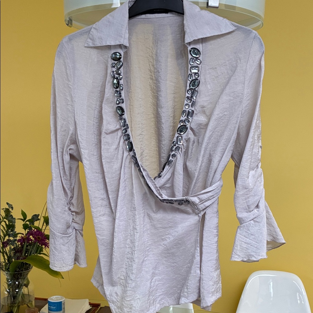 Elegant Lavender Women's Top with Embellished Neckline